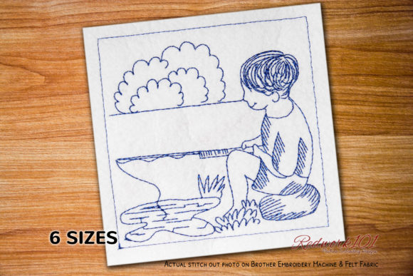 Boy Holding a Fishing a Pole Redwork