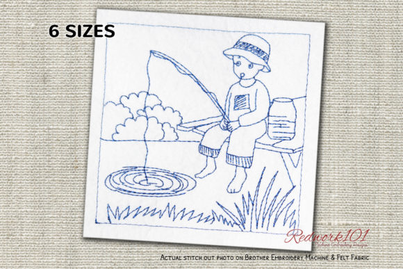 Boy Sitting with Fishing Pole Redwork