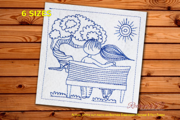 Couple Sitting on Bench Redwork