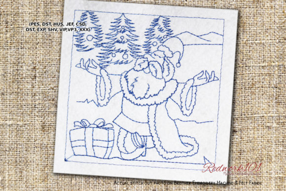 Happy Santa Claus with Gifts Redwork